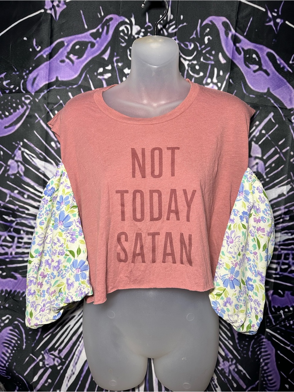 Not Today Satan Cropped Tee with Floral Puff Sleeves - Rust Pink